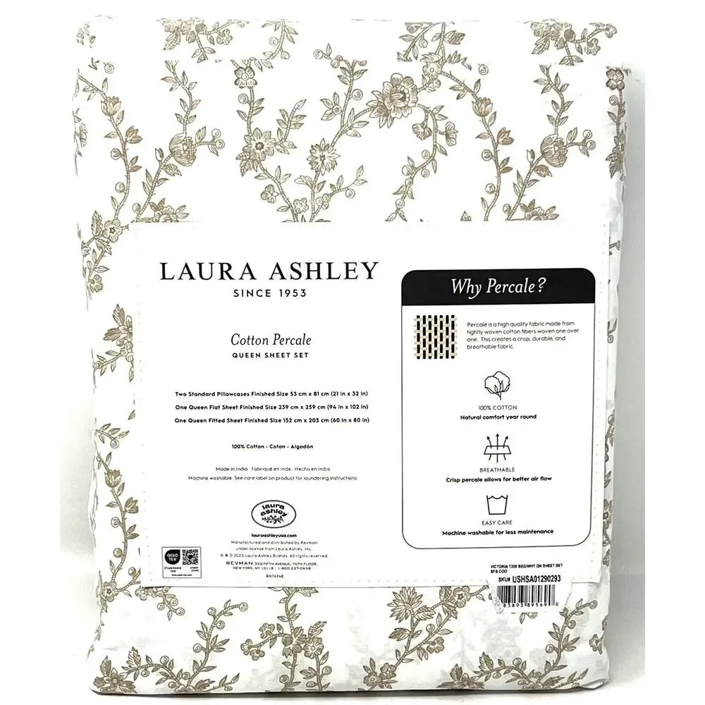 Laura Ashely Beige Tan White Floral Queen Sheet Set Cotton Percale NWT Victoria